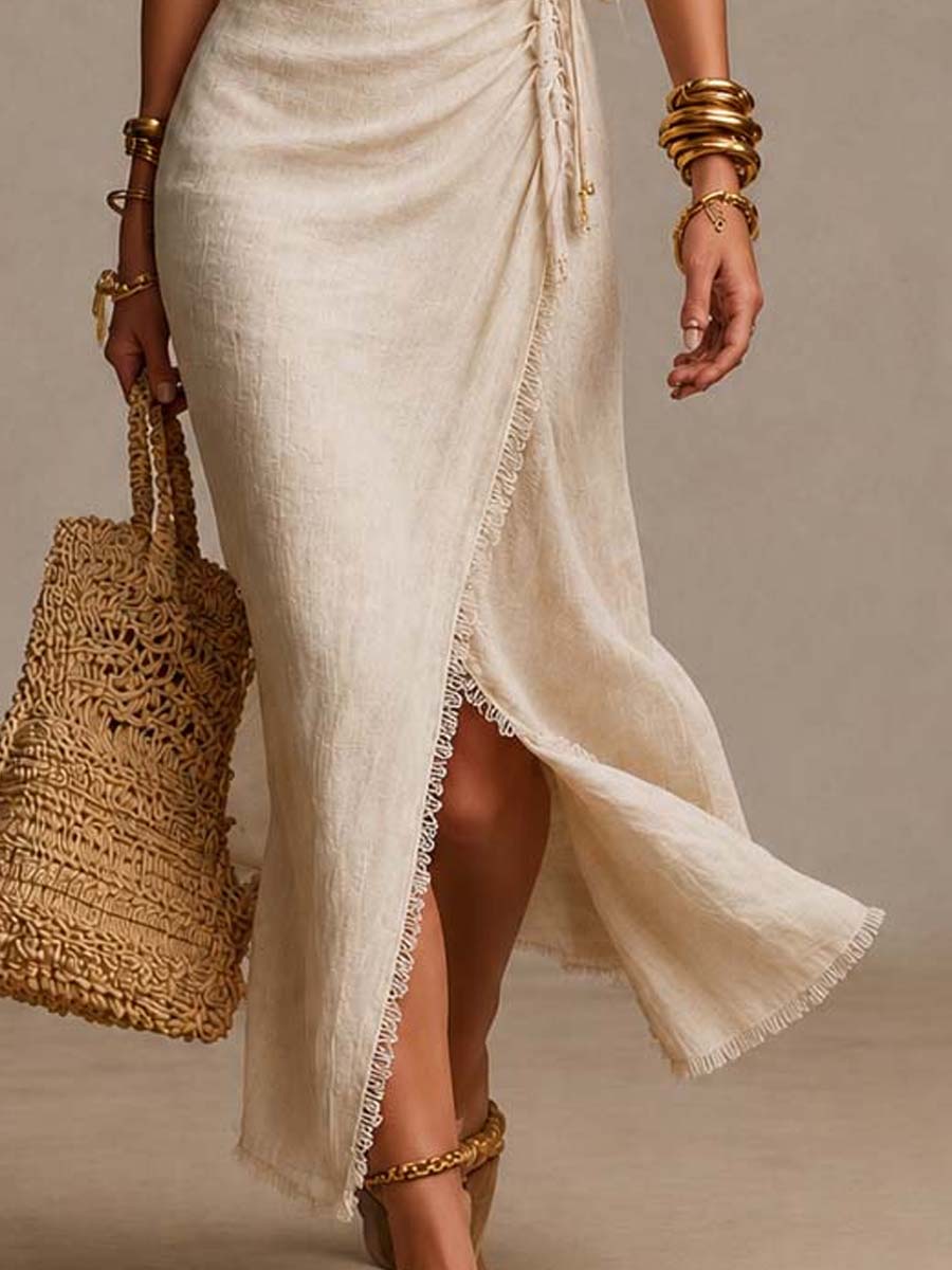 Clara | Vestido midi de lino natural con escote cruzado y encaje