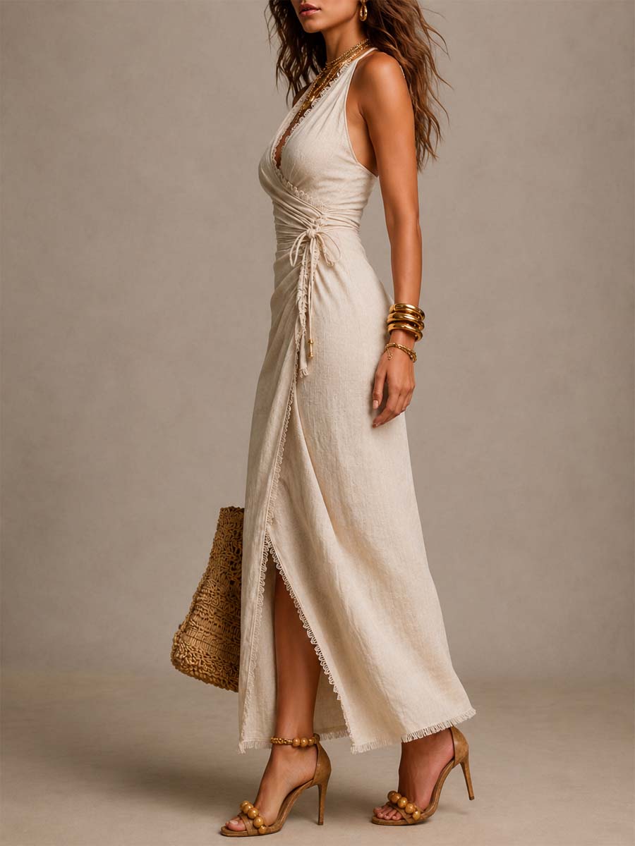 Clara | Vestido midi de lino natural con escote cruzado y encaje